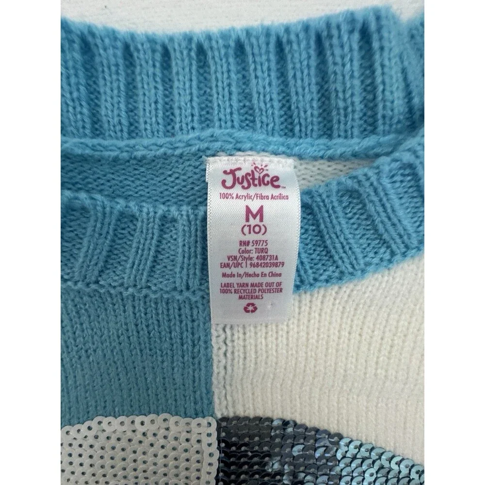 Justice Girls Knit Sweater Pullover M (10) Blue White Colorblock Peace Sequin